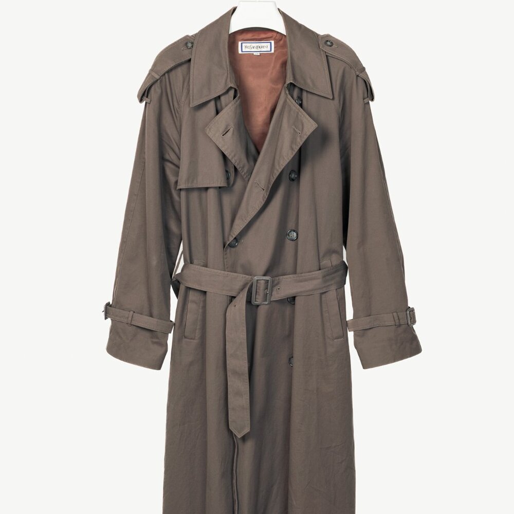 Yves Saint Laurent Grey Cotton-Twill Double-Breasted Belted Trench Coat